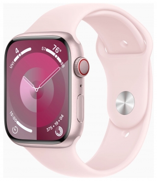 APPLE Watch Series 9 GPS + Cellular, Aluminium rosé, 45mm mit Sportarmband, hellrosa - S/M