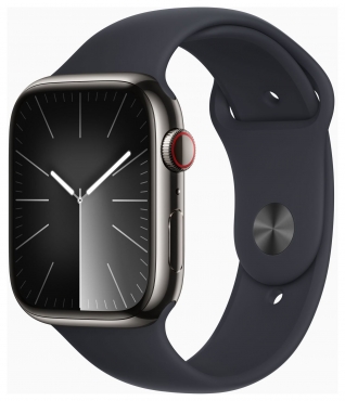 APPLE Watch Series 9 GPS + Cellular, Edelstahl graphit, 45mm mit Sportarmband, mitternacht - M/L